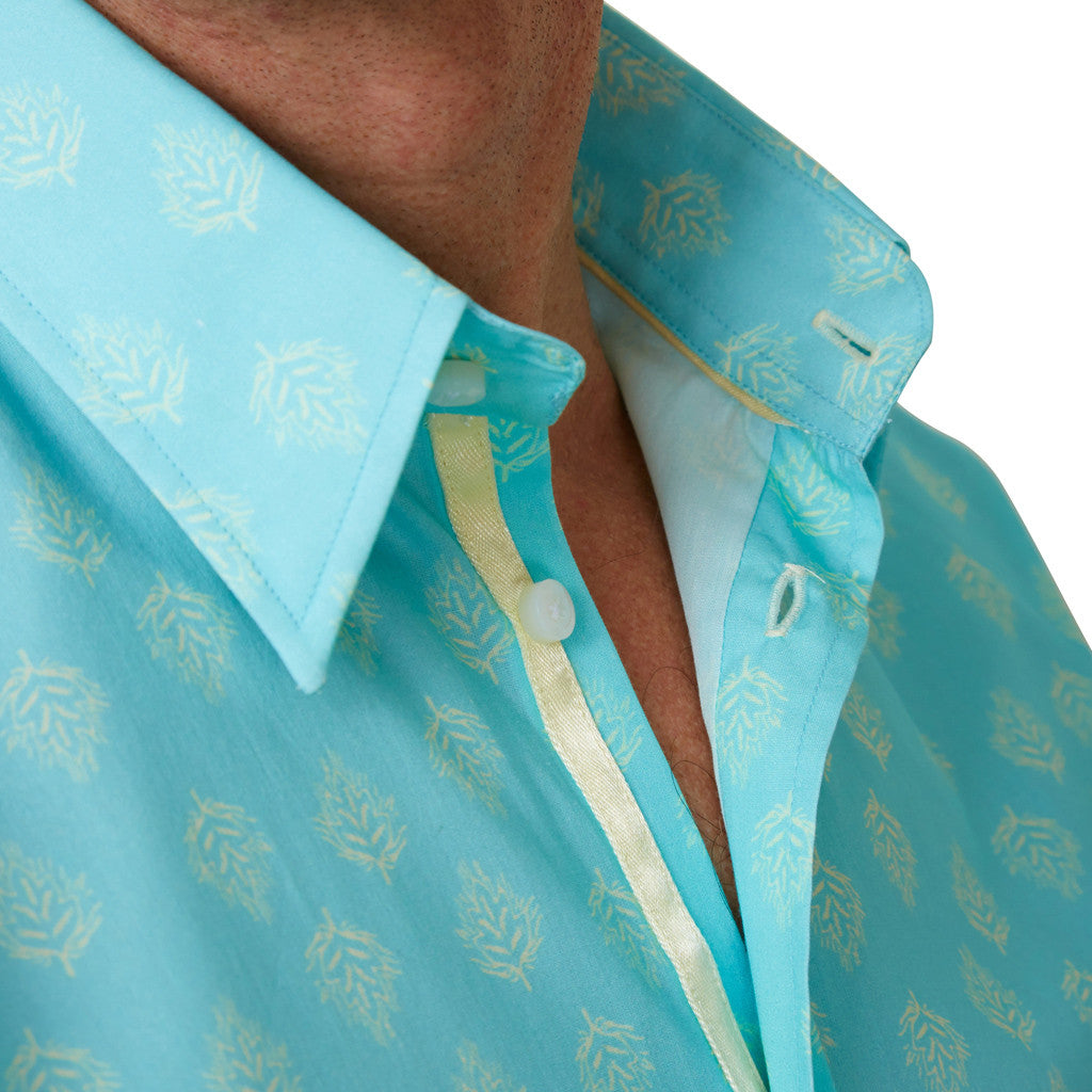 collar of leaf print floral shirt