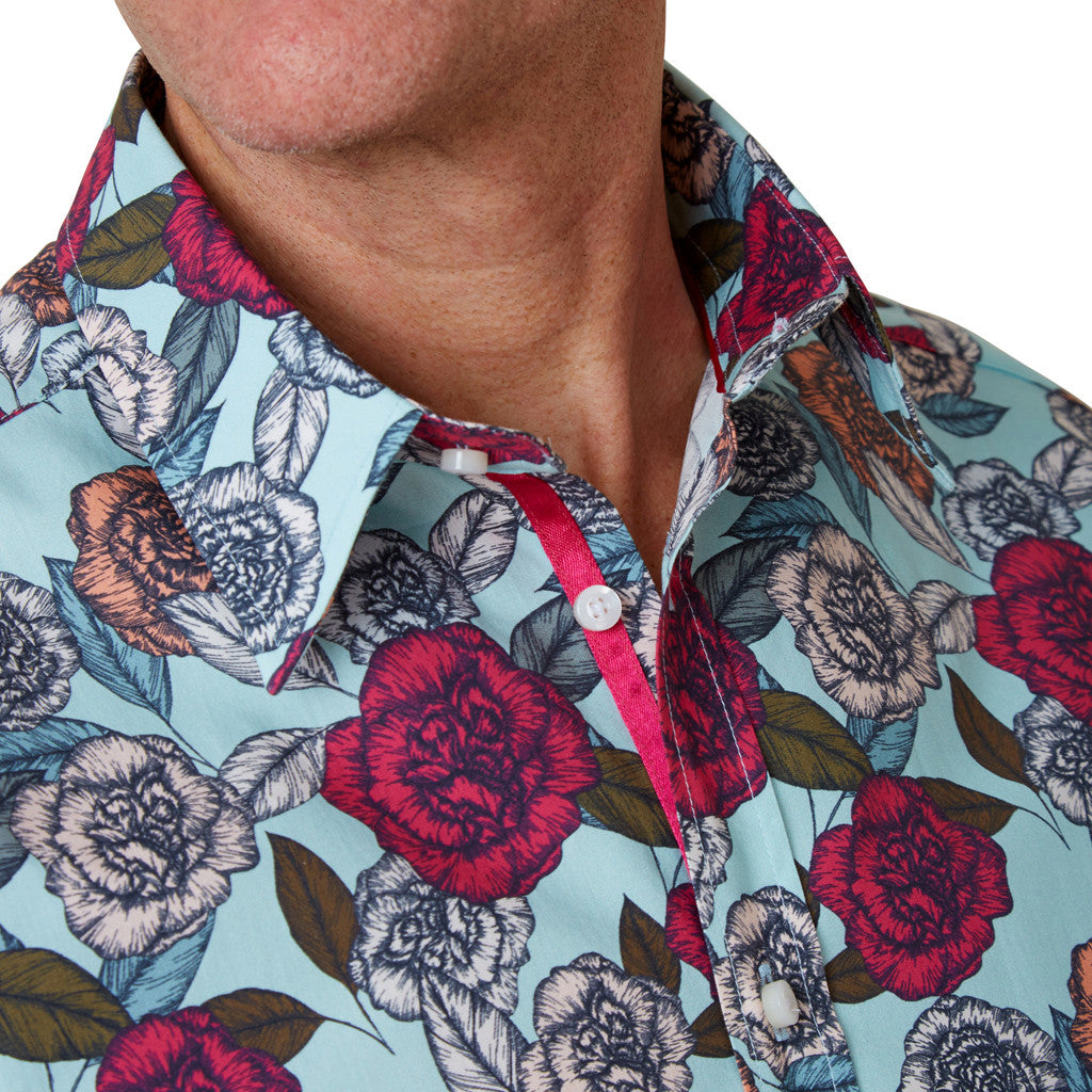 collar of blue floral shirt