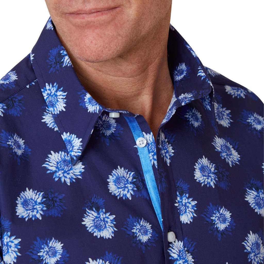 Collar of navy blue floral shirt