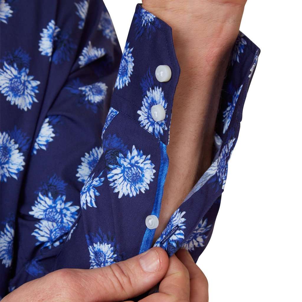 Cuff of navy blue aster floral shirt