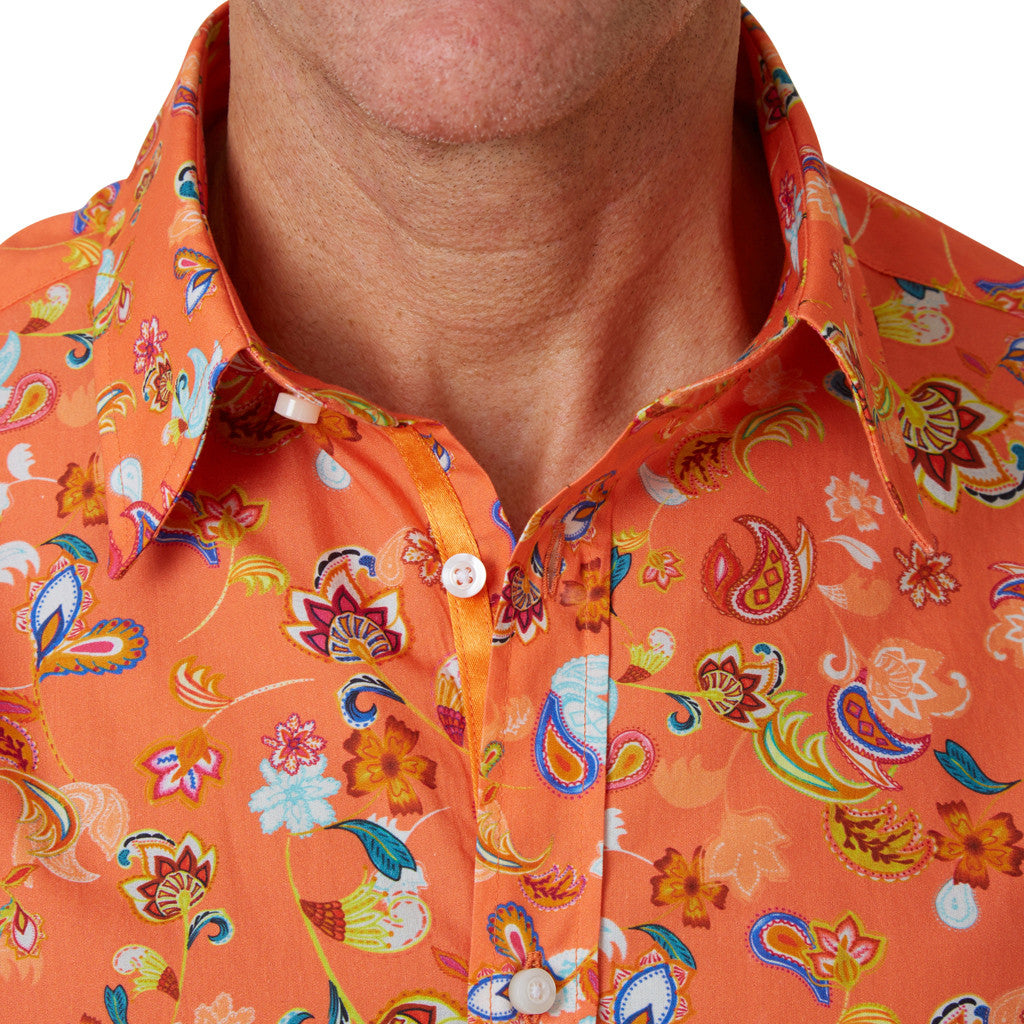 collar of orange floral shirt